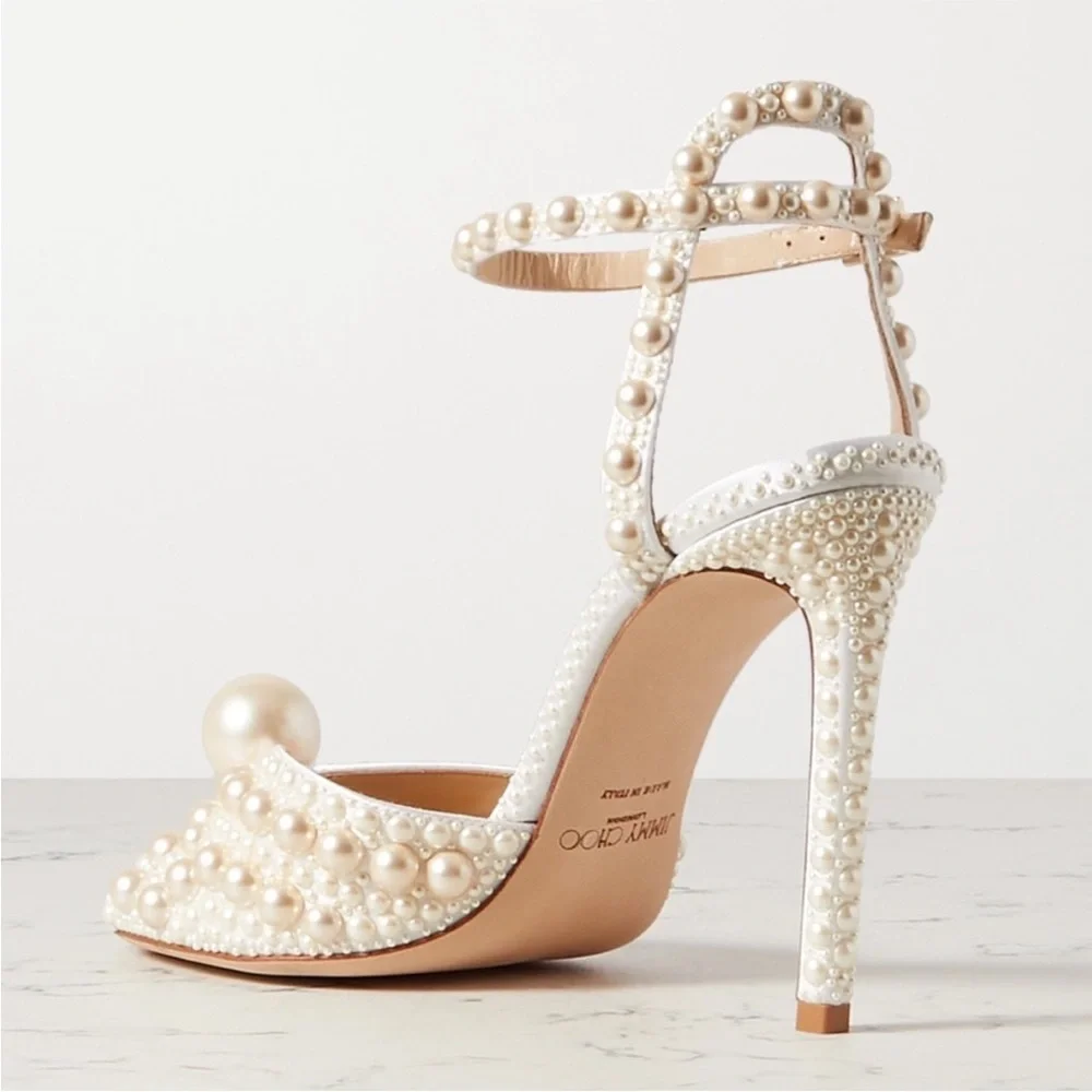 Like New Jimmy Choo Sacora 100 White Satin Sandals with All Over Pearls 38 - Picture 6 of 16